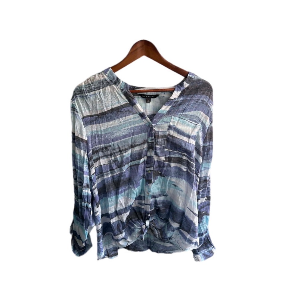 Zac & Rachel Button Down Blouse Womens XL Blue Excellent Tie Front Abstract